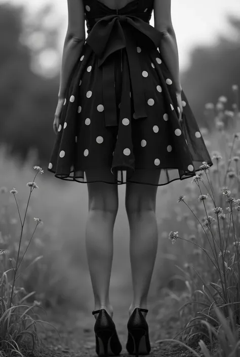   Black and white photo , Monochrome ,  the frame shows a woman in a transparent polka dot dress stiletto shoes with a large bow close-up, blurred perspective , hips, dried flowers , grass 