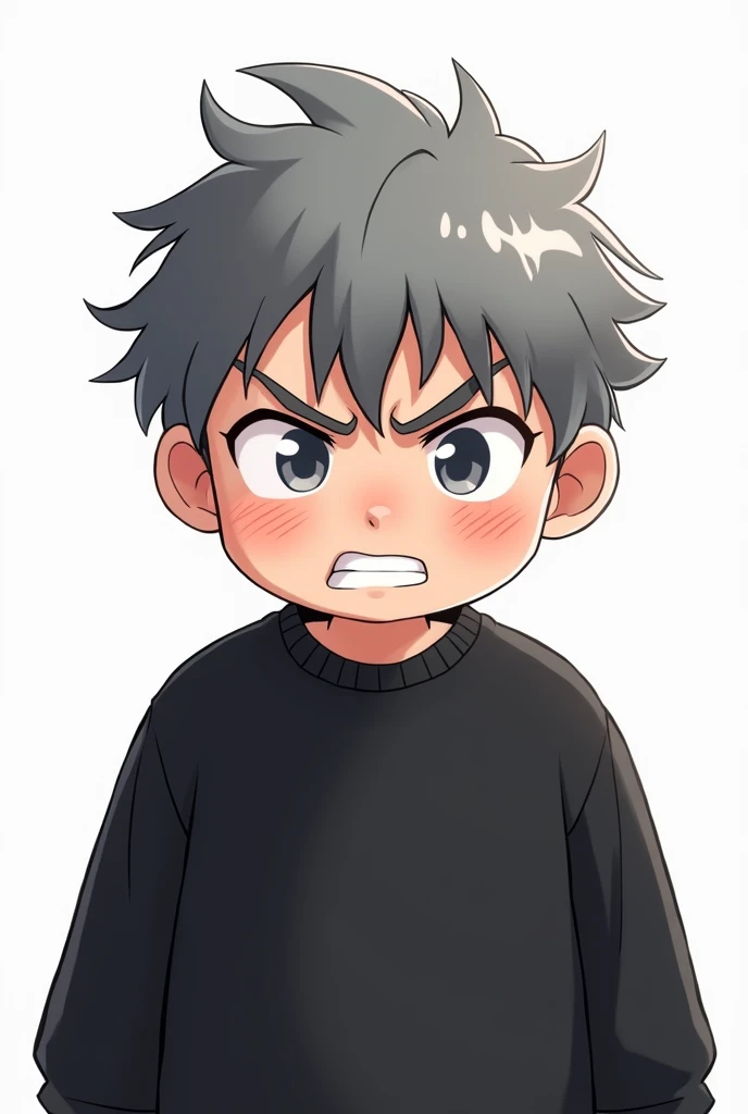 A male character with kawaii traits,with gray hair in an angry black sweater close to the screen on a white background