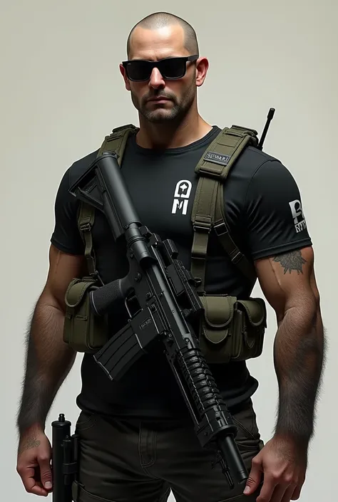 Make a man thin , smooth face,  but very hairy in his arms ,  with little hair on his head and dark glasses,  black clothes, Full of weapons .  On the chest the letters CMS and MPU on the shoulder. short sleeve t-shirt. 