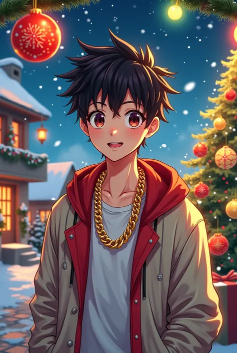 Create a Christmas image of a young man with gold money chain in anime style 
