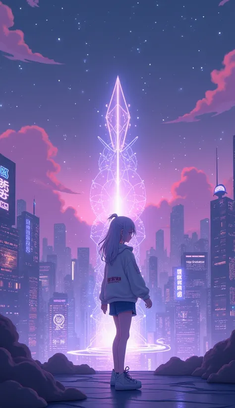  in the light purple night sky 、star々It blinks quietly 、 You can see the silhouette of a futuristic city floating in the distance 。 fills the space 、 、 the objects and displays floating around her 。

among them、 the surrounding space mysteriously changes c...