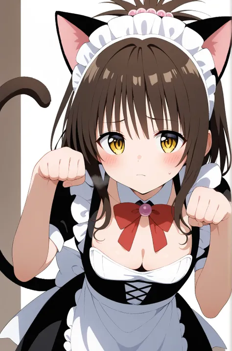 masterpiece,best quality,{{detailed beautiful face and eyes}}, 
Yuki Mikan,{{{megami magazine}}},middle hair,brown hair,hair ornament,hair bobbles,sidelocks,bangs,yellow eyes,flat chest,
((maid,cleavage,maid headdress,fake cat ears,cat tails)),
1girl,(is e...