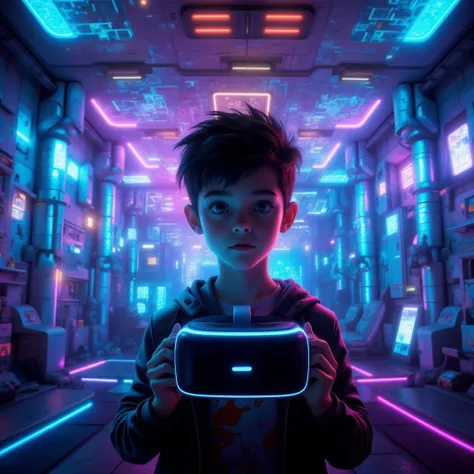 A futuristic young boy, holding a VR headset in his hands, standing in front of a vibrant, dazzling virtual game environment. The boy faces the camera directly, his expression curious and excited. The background features neon lights, floating holographic g...