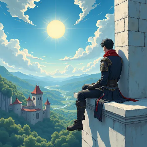 Vinland Saga Animated makoto yukimora series  , Masterpiece , mj manga , Vibrant colors , Epic Scenary and nature with lights and the sun in the middle of the sky , Medieval , kingdom and castle and villages and , Vinland saga Handsome male , 1 teen guy Ta...