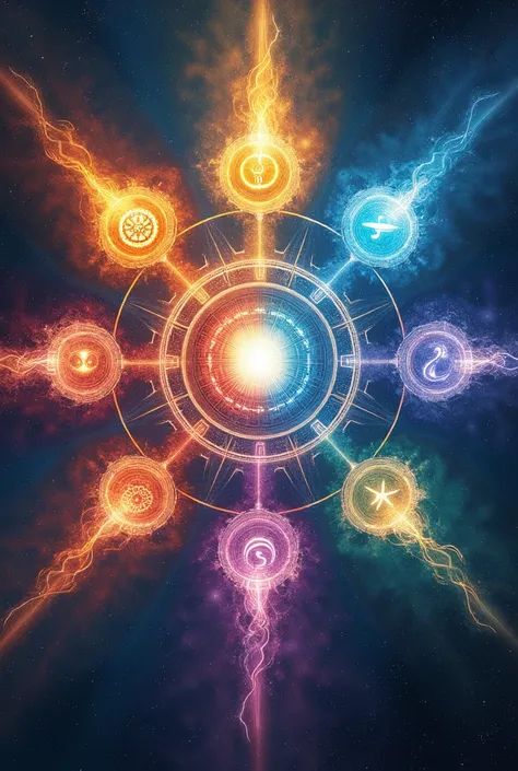 A vivid depiction of the nine planets (Navagraha) in Vedic astrology, each represented with their unique symbols and colors. They are shown influencing an interconnected web of cosmic energy.