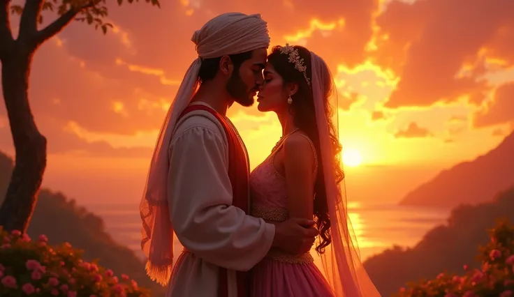  Prince Ali and Fatima sharing a romantic kiss, with a beautiful sunset.