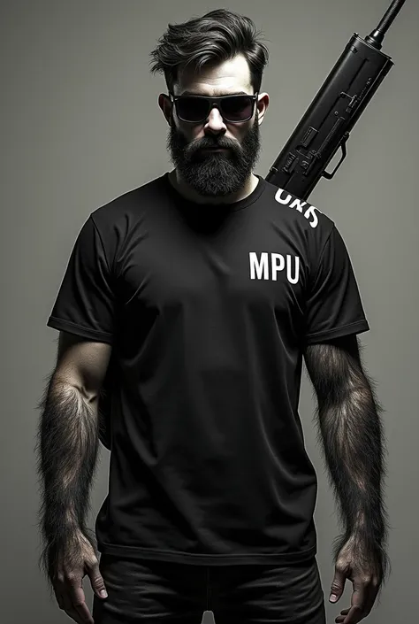 Make a man thin , smooth face,  but very hairy in his arms , With hair entries on the head and dark glasses,  black clothes, Full of weapons .  On the chest the letters CMS and MPU on the shoulder. short sleeve t-shirt.  Repeat this image , but without a b...