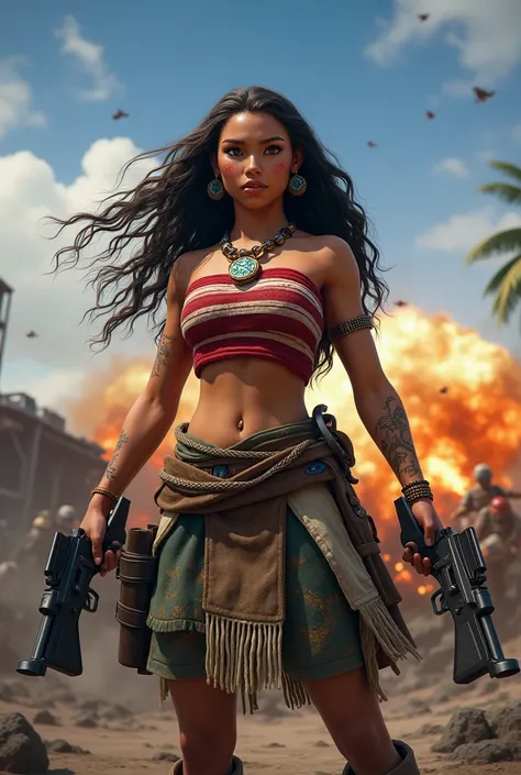 Moana inside Pubg with weapons in her hands in the middle of the battle