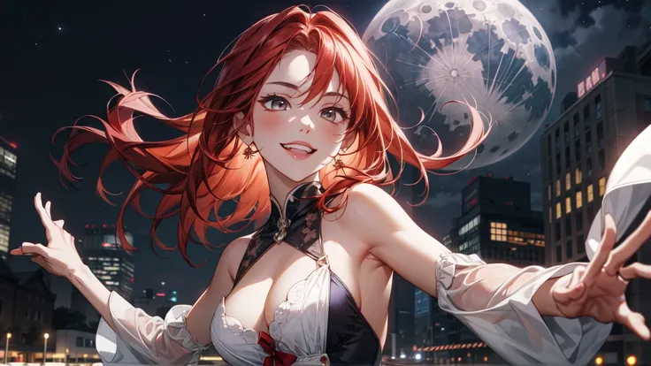 The wallpaper is a city where the moonlight shines in the night sky. A girl with red hair is dancing. She is wearing revealing sexy clothes. The girl is smiling on her white skin. Her gaze is looking straight ahead. It expresses the face as the center.