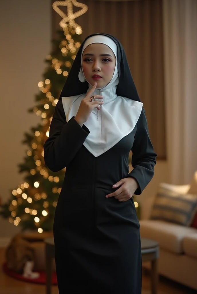 A beautiful indonesian woman, a bit chubby, wearing catholic  nun clothes, standing sexy pose infront of christmas tree at the living room. Natural light, look at the viewer,  wide angle shot from side,