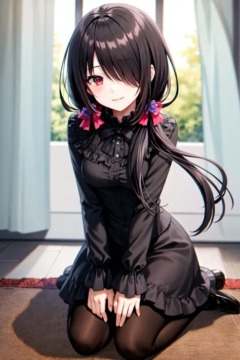 1girl, solo, kneeling, seiza, cckurumi, long hair, low twintails, hair flower, hair over one eye, hair bow, gothic, black dress, ribbon, pantyhose, slippers, sitting, smile, looking at viewer, leaning forward, indoors, living room, television, window, plan...