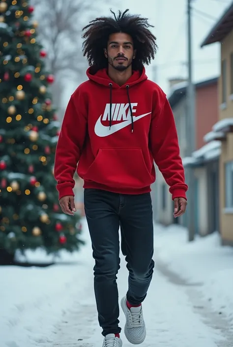 I saw an image of an adult with curly hair wearing Nike clothes in a favela with a Christmas tree behind it, not a gun, a gun either, and also wearing skinny pants without a black mustache and falling in the snow and also wearing crystal shoes, cash.