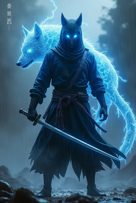 A ninja man wearing a wolf mask and an electric aura with rays coming out of him while its raining with a katana in his hands and an electric wolf on his back