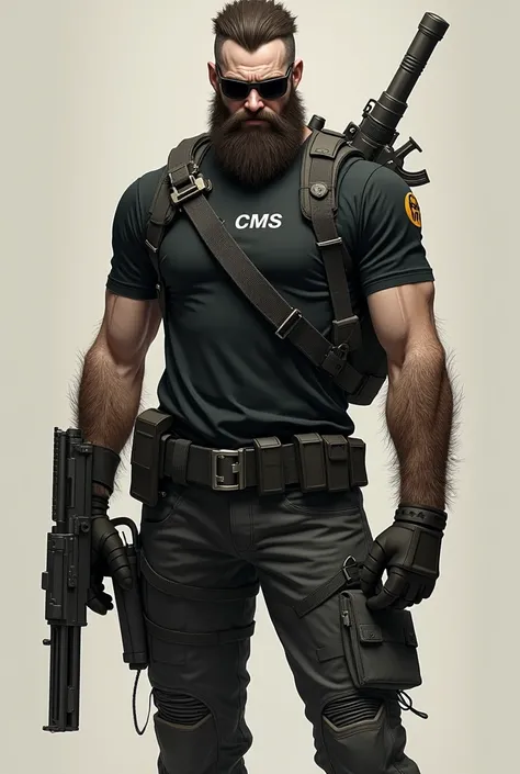 Make a man thin , smooth face,  but very hairy in his arms , With hair entries on the head and dark glasses,  black clothes, Full of weapons .  On the chest the letters CMS and MPU on the shoulder. short sleeve t-shirt.  Repeat this image , but without a b...