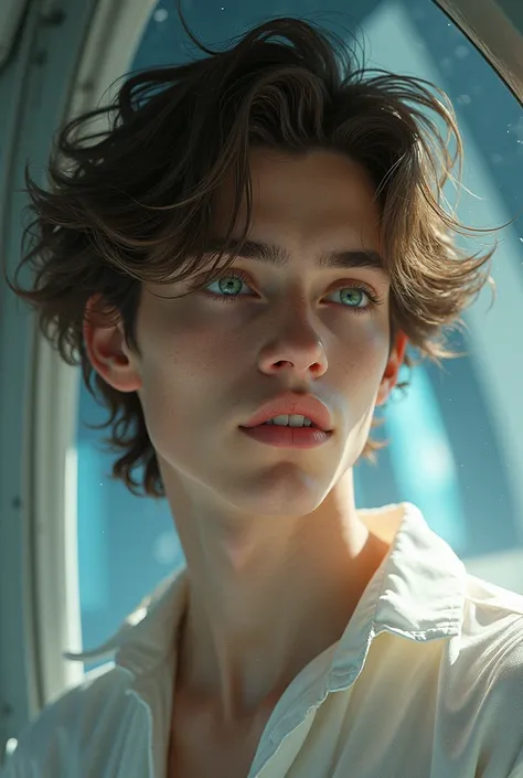  Teenage male , no beard,  green eyes,  brown hair , face and features perfect soft lips sculpted,  jaw and well-defined cheekbones divine beauty, Divine Aura .  inside a spaceship 
