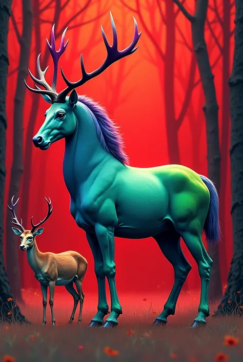 Imagine a centaur standing majestically in a forest clearing. The centaur has the upper body of a human and the lower body of a deer. Every three seconds, the centaur changes color, cycling through vibrant hues like blue, green, red, and purple.

Behind th...