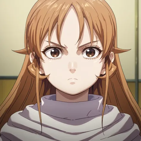 Fujifilm, UHD, masterpiece, textured skin, high details, best quality, highres, 8k, 16k ((Mizumoto Yukari )) brown hair long hair  brown eyes       score_9, score_8_up, score_7_up,  (1child)  kyoukai  cowl   ((((expressionless)))) 