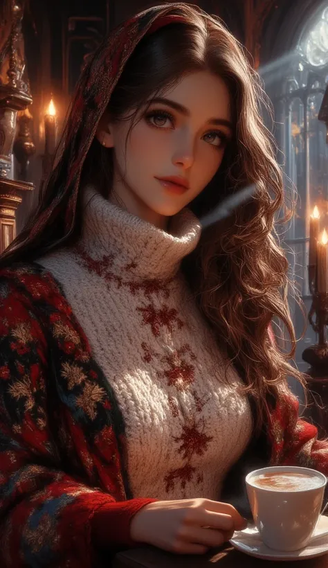 A beautiful woman with beautiful eyes:1.2, detailed eyes, beautiful full lips, highly detailed eyes and faces, long eyelashes, cute expression, smile, sitting:1.4, holding a cup of hot latte, homely background, Christmas sweater, fireplace, warm light, det...