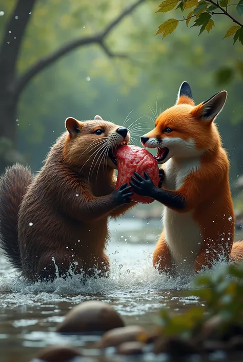 A beaver fights with a fox over a piece of meat