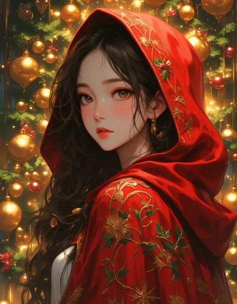 Beautiful girl in holiday classic red Christmas hooded cloak, Gorgeous golden bells hanging from a Christmas tree, beautiful detailed face, beautiful detailed lips, extremely detailed hair, , long eyelashes, intricate embroidered patterns on the cloak, glo...