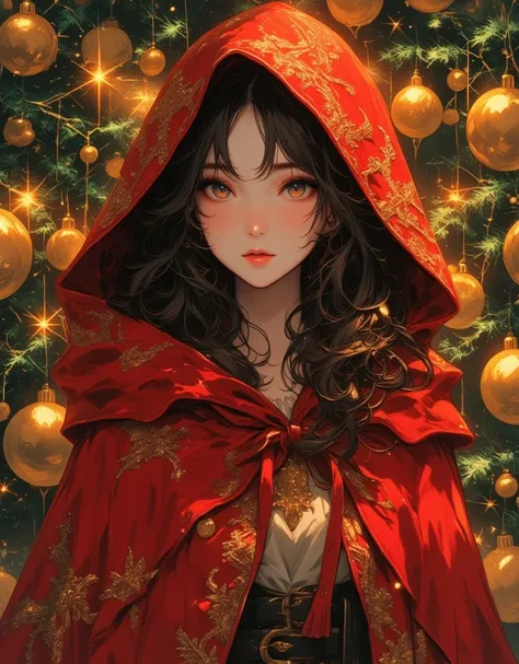 Beautiful girl in holiday classic red Christmas hooded cloak, Gorgeous golden bells hanging from a Christmas tree, beautiful detailed face, beautiful detailed lips, extremely detailed hair, , long eyelashes, intricate embroidered patterns on the cloak, glo...