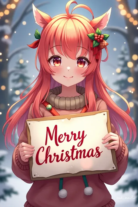 Make a pretty girl from anime ,  Christmas style 
With a sign that says Merry Christmas ZVIP 