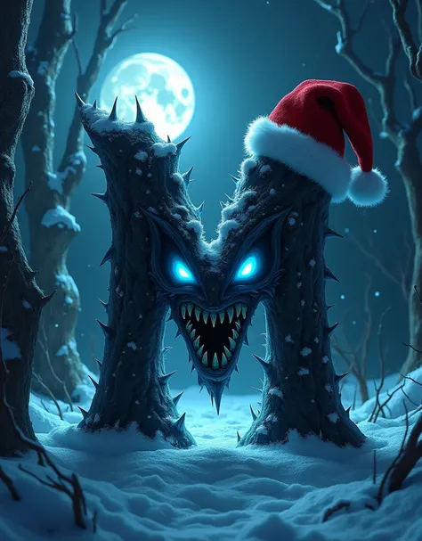 Design a terrifying and monstrous letter M with glowing blue eyes and sharp, jagged teeth integrated into its shape. The M should look like a creature itself, with cracks, spikes, and a tattered Santa Claus hat resting on top. The background is a dark, sno...