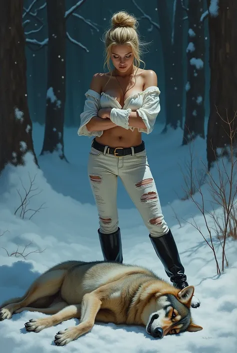 An oil painting with rich, realistic lighting and dramatic shadows depict a woman standing in deep snow, at her feet in front of her is a dead wolf laying on its side in the snow, jaws open wide, snow flakes in its fur.  She wraps her arms around herself, ...