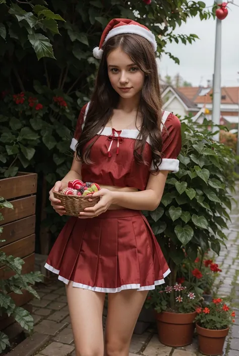 Belarussian school girl in sexy santa outfit , windy flowy pleated red skirt, Rainy Day, garden, gifts , candies, basket