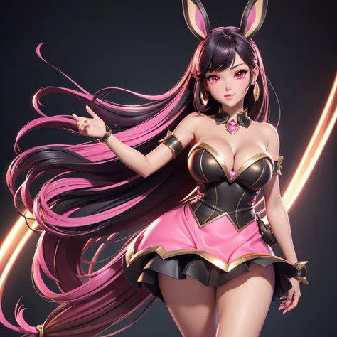 MASTERPIECE BEST QUALITY 3D RENDERING 3DMM STYLE 3D CLOSE-UP SHOT WEARING GOLDEN RABBIT EARS RED PINK EYES BLACK HAIR NEAT HAIRSTYLE BLACK DRESS ALL OVER GOLD FOR MOBILE GAME BUNNY GIRL BIG BREASTS REALISTIC CUTE BUNNY GIRL FANTASY Mobile Game Art Digital ...