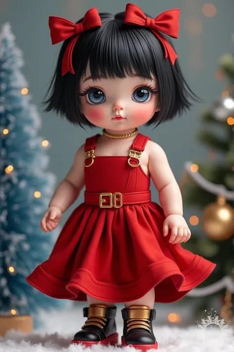 (A little baby ,  white skin ,  Blue Eyes, Red bows on short straight dark black hair with straight tips for )  a red jumpsuit , with thin gold straps , and a fitted red belt ,by Gucci , gold black boot and gold red sneakers .  blue and white Christmas tre...