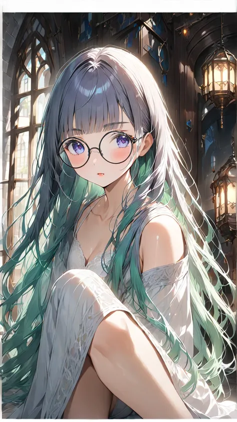 ( 24 year old woman in underwear in a dark bedroom in a fantasy medieval city inn:1.5), court magician(Also works as an alchemist), bust up, portrait, 
Hairstyle：( straight long hair、Bangs just covering the eyebrows:1.5), 
( dark, thin and well-groomed eye...