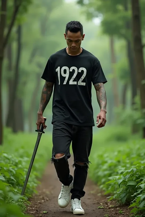  Attacking Indonesian man athletic body with tattooed arms wearing white shoes and torn black pants and wearing black t-shirt with numbers "1922" walking in the middle of a green forest holding a sword Very realistic image 