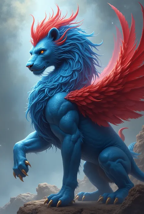 The figure of a blue lion with a red swan figure