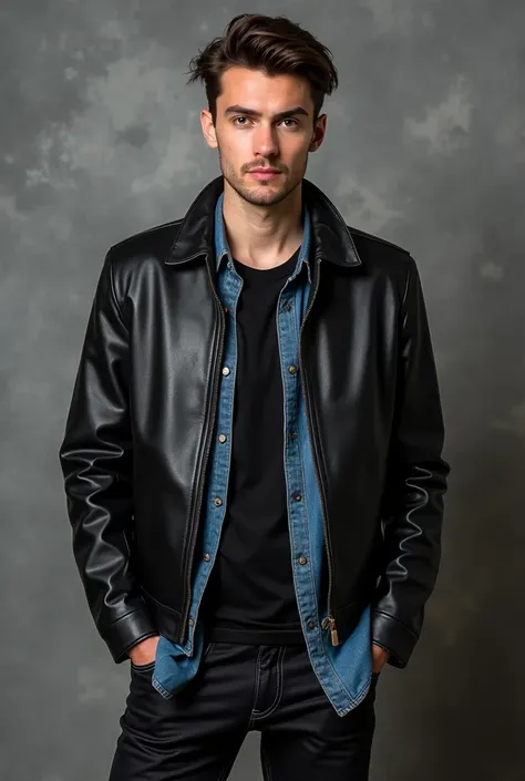 "A stylish man with sharp features, standing confidently against a textured gray background. He wears a layered outfit that includes a black leather jacket, a denim shirt, and a black t-shirt underneath, paired with dark pants. His hair is neatly styled, a...