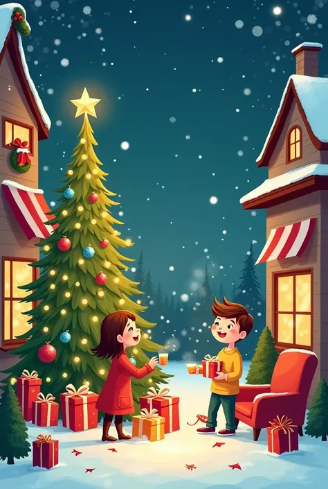 "Create a unique, funny, and simple illustration for a Christmas card. The design features cheerful elements: a lively shopping scene with festive decorations and sale signs, a glowing Christmas tree adorned with bright lights, and a happy  excitedly openi...