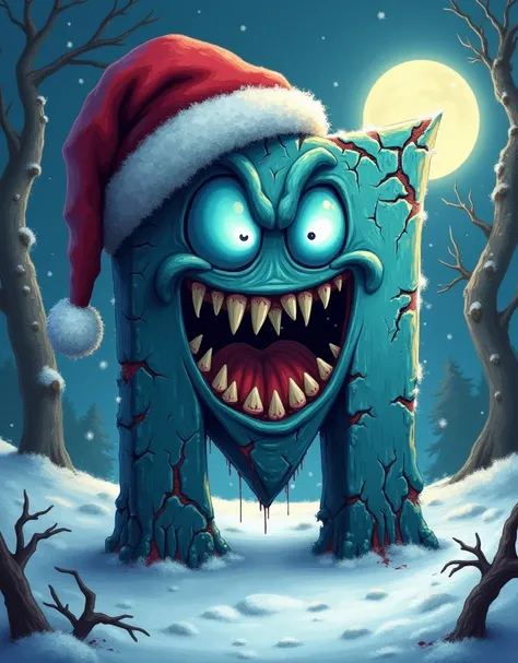 Draw the letter M as a ridiculous, over-the-top monster. Make it have huge glowing blue eyes that look like theyre about to pop out, a giant mouth full of hilariously oversized sharp teeth, and a comically torn Santa Claus hat that looks like it barely fit...