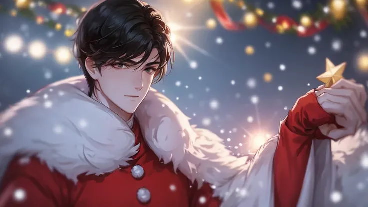 Highest quality, masterpiece, one 20-years-old-boy who is standing alone in front of a big Christmas tree, handsome, black hair, bangs covering the forehead, gray eyes, short hair, detailed depiction of the eyes and face, four fingers and one thumb, wearin...