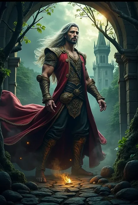 Merlin the wizard depicted in traditional English mythology, with a muscular physique and perfect body frame, captured in a full body portrait reminiscent of ancient medieval artwork. Showcasing his powerful and magical presence with intricate details and ...