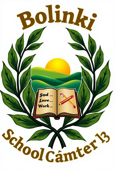  School logo with the following details : 
1.  Two sprigs of bay leaf forming an unclosed circle above dark green and yellow stick.
2.  The center of the logo is divided into four portions : 
Portion  # 1.  Have an open notebook and a pencil and inside the...