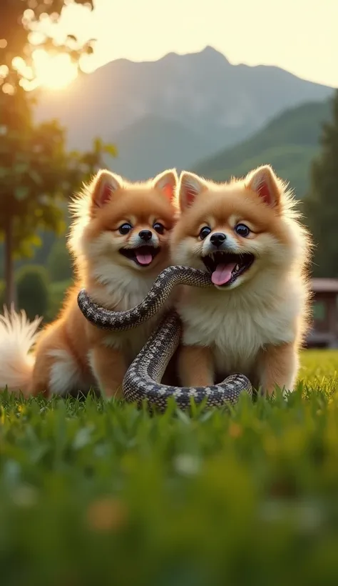  A hyper-realistic scene in a tranquil country backyard with a lush green lawn and a majestic mountain in the background under a soft golden light of the sun. Lens In the foreground, Two dogs,  a mother with her Pomeranian Lulu puppy , delicate and fragile...