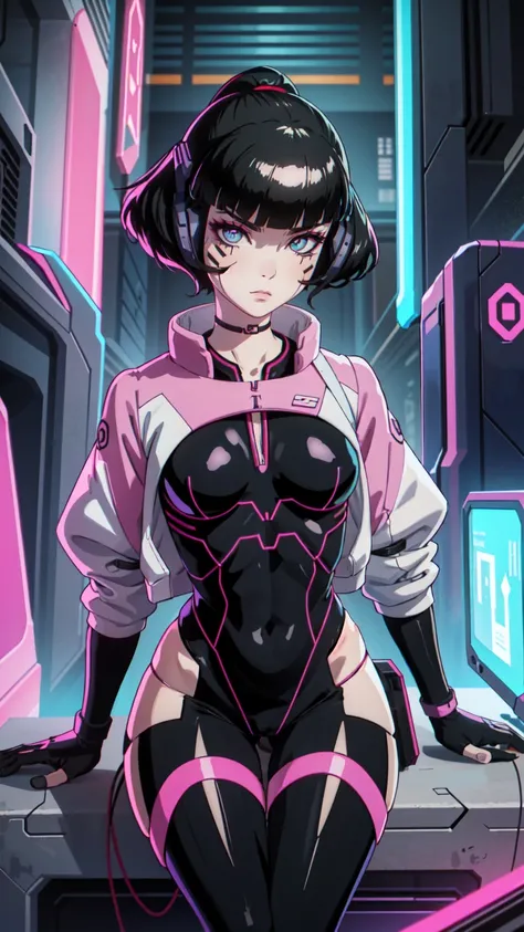 Create an illustration of Sasha from Cyberpunk: Edgerunners. She is a young netrunner with a slender and agile physique, reflecting her hacker lifestyle. Her hair is short, (black hair), messy, and brightly colored, often with neon highlights like electric...