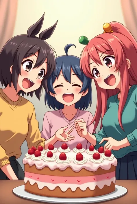 Three person with cake anime style 