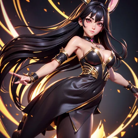 MASTERPIECE BEST QUALITY 3D RENDERING 3D STYLE 3D CLOSE-UP SHOT WEARING GOLDEN RABBIT EARS RED PINK EYES DARK BROWN AND BLACK HAIR NEAT HAIRSTYLE BLACK DRESS ALL OVER GOLD FOR MOBILE GAME BUNNY GIRL BIG BREASTS REALISTIC CUTE BUNNY GIRL FANTASY MOBILE GAME...