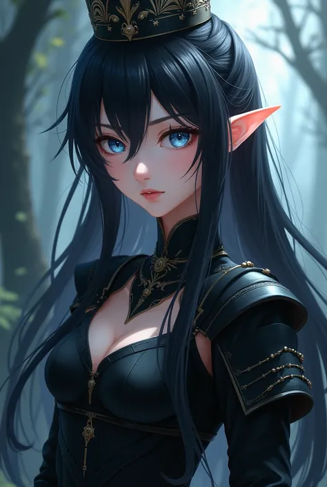 1 adult anime girl, long black hair, light blue eyes, black warrior dress, black crown, small elf ears, close-up from head to waist, foggy forest background