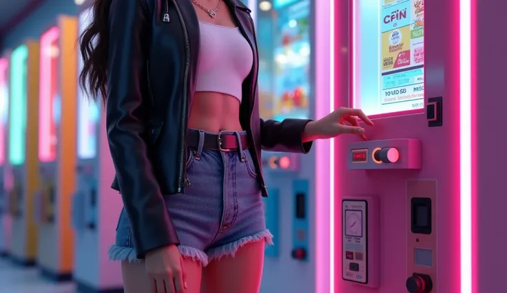 3D rendering style. inside of the colorful neon arcade. close up hand of girl wearing white crop top, black leather jacket, black knee-high boots, jean shorts turning knob on gashapon machine and capsule peeking out from dispensing port