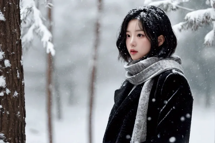  -class sweater and black coat is standing in a forest of trees with heavy snowfall.  Inspired by movie star Son Ye-jin.  short haired . Im standing in the snow . Looking at the camera. Heavy snowfall, Its snowing .  short haired .  Im wearing a black coat...