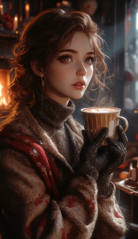 A beautiful woman with beautiful eyes:1.2, detailed eyes, beautiful full lips, highly detailed eyes and faces, long eyelashes, cute expression, smile, sitting:1.4, holding a cup of hot latte, homely background, Christmas sweater, fireplace, warm light, det...