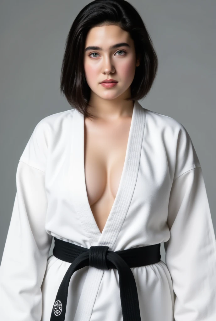 1girl, whole body shot, from the front, she is facing straight at viewer., beautiful girl Jennifer Connelly at age 18, she is tall and with broad shoulders., large breasts, cleavage, glossy black short cut hair, she wears a loose white Judo costume with th...