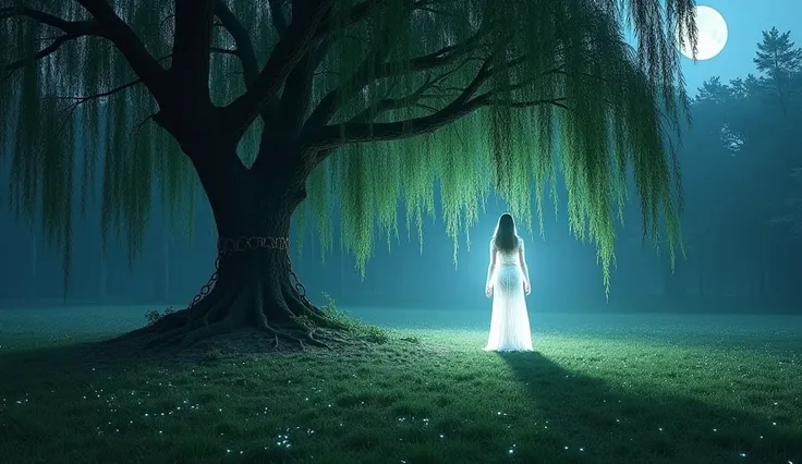 A breathtaking clearing in the middle of a magical forest. The grass glows with soft bioluminescent light, and at the center stands a massive willow tree with swaying, glowing branches. Under the tree is a translucent figure of a woman, ethereal and radian...